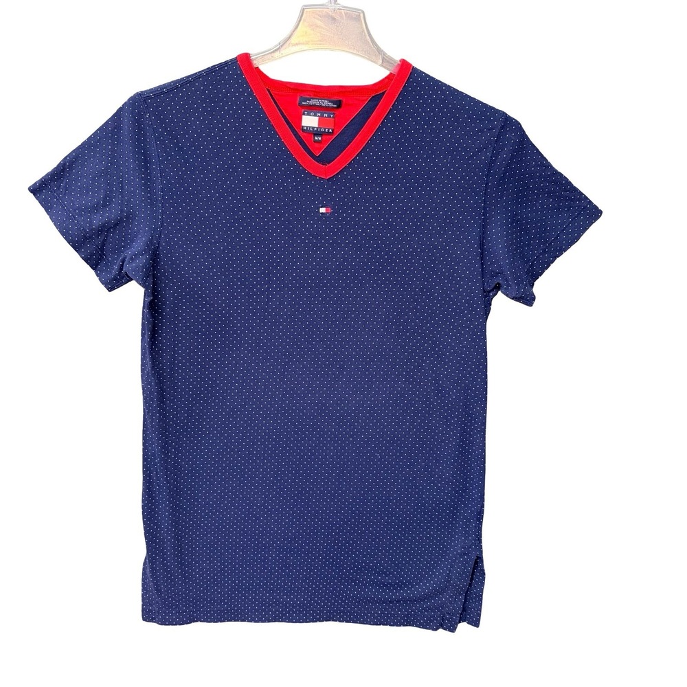 VTG Tommy Hilfiger 90s V-Neck T-Shirt Navy Polka Dot Red Trim Women's‎ Medium